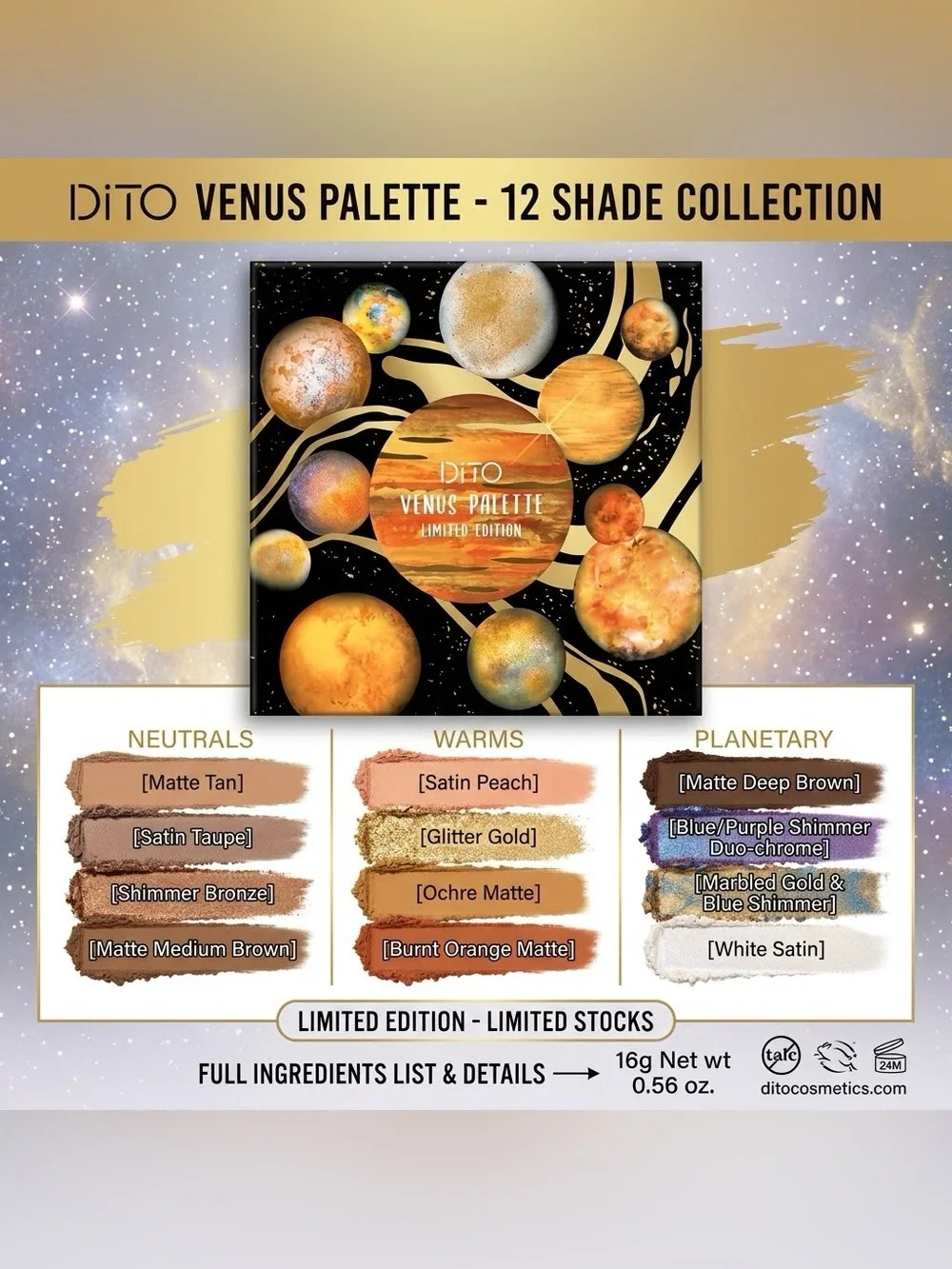 DiTO Venus Palette Limited Edition Eyeshadow Palette- 12 Shades
